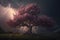 Maginficent Large Crabapple Tree Lightning Dark Clouds Sky by Generative AI