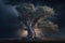 Maginficent Large Elm Tree Lightning Dark Clouds Sky by Generative AI