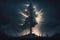 Maginficent Large Fir Tree Lightning Dark Clouds Sky by Generative AI
