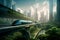 Maglev train speeding through futuristic eco-friendly city