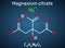 Magnesium citrate, C6H6MgO7 molecule. It is food additive E345. Structural chemical formula on the dark blue background