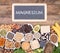 Magnesium food sources, top view on wooden background