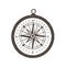 Magnetic compass hand drawn with black contour lines on white background. Tool for navigation and orientation, location