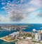 Magnificence of Sydney Harbour at sunaet, aerial view from helicopter