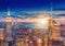 A magnificent aerial panoramic view of Manhattan with sunset