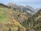 Magnificent autumn colors in the surroundings of mountain pastures and mixed forests on the slopes of the Swiss Alps, Ilanz