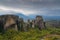 Magnificent autumn landscape of Meteora. Meteora rocks in a sunny, cloudy day. Pindos Mountains, Thessaly, Greece, Europe