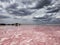 Magnificent cloudy sky and the pink lake with salt water