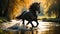 magnificent dark horse runs river in nature equine water stallion active