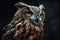 The magnificent eagle owl with its metal beak takes center stage in this stunning digital painting