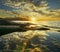 Magnificent landscape of a Nubble lighthouse at dawn. Reflection of the sky and clouds in the water between the rocks. USA. Maine.