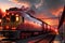 The Magnificent Long Train Approaching the Station on Rails Amidst the Spectacular Crimson Glow of the Sunset. AI generated