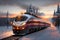 The Magnificent Modern Red Motorized Train Progressing on Snow Covered Tracks amidst the Splendor of the Sunset and the High. AI