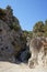 Magnificent mountainous landscape in the vicinity of the parched riverbed of the Loutani river. Kolympia, Rhodes, Greece