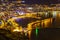 Magnificent night view of Alanya, the historical Kizil Kule and the marina.