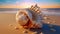 A magnificent and oversized seashell on the sandy beach. Generative AI