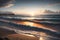 Magnificent Panorama of Waves Gently Approaching the Sandy Shoreline, Illuminated by the Light on a Cloudy Sunset. AI generated