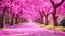 A magnificent scene capturing a road flanked by tall trees and adorned with numerous pink flowers, An enchanted alley of fully