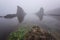 Magnificent seascape over the rock phenomenon The Ships, Sinemorets village, Bulgaria. Foggy weather.