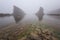 Magnificent seascape over the rock phenomenon The Ships, Sinemorets village, Bulgaria. Foggy weather.