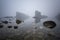 Magnificent seascape over the rock phenomenon The Ships, Sinemorets village, Bulgaria. Foggy weather.