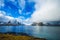 Magnificent snow-covered rocks on a sunny day. Beautiful Norway landscape. Lofoten islands.