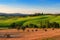 Magnificent spring landscape at sunrise.Beautiful view of typical tuscan farm house