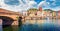 Magnificent summer cityscape of Bosa town with Ponte Vecchio bridge across the Temo river. Spectacular morning view of Sardinia is