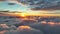 Magnificent sunrise on dense clouds. Aerial view of sun rises from behind the clouds starting a new day. Rising sun