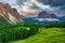 Magnificent sunset over Gardena valley, Dolomite Alps, Italy