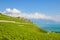 Magnificent terraced vineyards in picturesque village Rivaz in Lavaux wine region, Switzerland. Green vineyard on slopes by Geneva