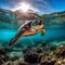 Magnificent turtle glides through the pristine, tropical waters. AI-generated.