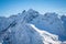 Magnificent view of the snow-white tall mighty mountains Elbrus, ski resort, The Kabardino-Balkarian Republic, Russia