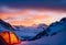 Magnificent view of the snowy mountain sunset camping with tent. Generative AI