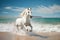 Magnificent white horse galloping freely on the beach. This artwork embodies the essence of grace, power, and untamed spirit. Ai