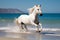 Magnificent white horse galloping freely on the beach. This artwork embodies the essence of grace, power, and untamed spirit. Ai