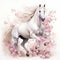 a magnificent white horse gallops through a meadow of flowers. cute watercolor clipart. Template. Close-up. Clip art