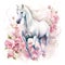 a magnificent white horse gallops through a meadow of flowers. cute watercolor clipart. Template. Close-up. Clip art