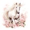 a magnificent white horse gallops through a meadow of flowers. cute watercolor clipart. Template. Close-up. Clip art