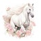 a magnificent white horse gallops through a meadow of flowers. cute watercolor clipart. Template. Close-up. Clip art