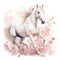 a magnificent white horse gallops through a meadow of flowers. cute watercolor clipart. Template. Close-up. Clip art