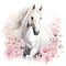 a magnificent white horse gallops through a meadow of flowers. cute watercolor clipart. Template. Close-up. Clip art