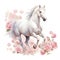 a magnificent white horse gallops through a meadow of flowers. cute watercolor clipart. Template. Close-up. Clip art