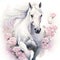 a magnificent white horse gallops through a meadow of flowers. cute watercolor clipart. Template. Close-up. Clip art