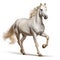 A magnificent white stallion galloping proudly, its long mane and sorrel liver flowing gracefully in the wind. White isolated