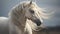 Magnificent white stallion horse roaming wild and free on the prairie plains - generative AI