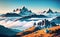 Magnificient Snow covered Mountains Fantasy Magical Illustration for children book. Generative AI