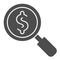 Magnifier with dollar solid icon. Research or looking for cash symbol, glyph style pictogram on white background. Money
