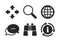 Magnifier glass and globe signs. Fullscreen. Vector