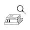 Magnifier and stack of books hand drawn in doodle style. vector, scandinavian, monochrome. concept for design sticker, icon, card